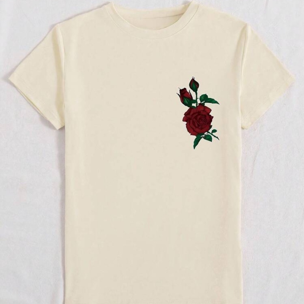 SHEIN Cream Fitted Short Sleeve Tee with Red Rose